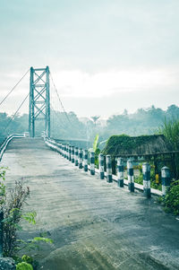 View of suspension bridge against cloudy sky