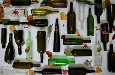 High angle view of wine bottles