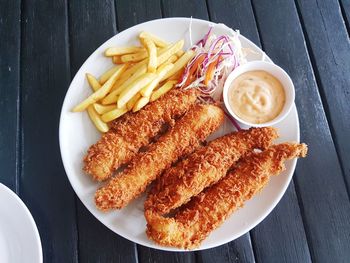 High angle view of food served on table