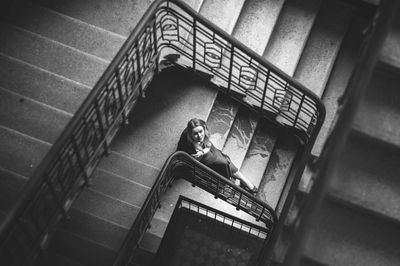 High angle view of woman on stairs