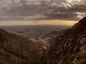 High angle view of landscape against sky during sunset