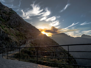 Scenic view of mountains against sky during sunset