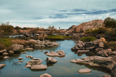 Scenic view of rocks and lake against sky