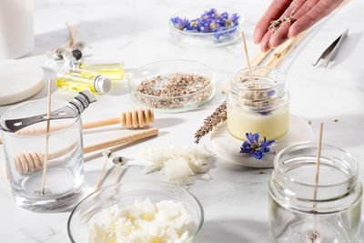 Set tools for homemade natural eco-friendly soy wax candles,. making process. diy