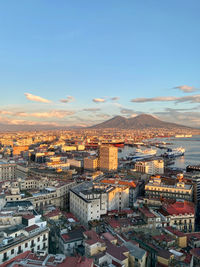 High angle view of townscape against sky during sunset