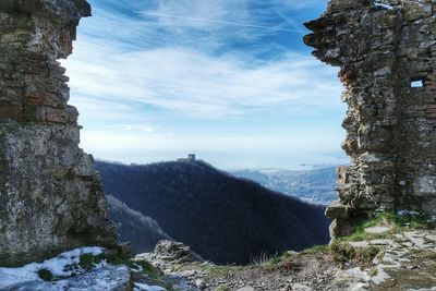 Scenic view of mountains against cloudy sky