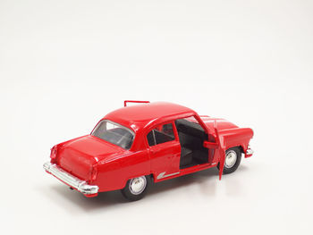 Close-up of toy car against white background