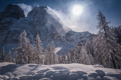 Scenic view of snow covered mountains against sky