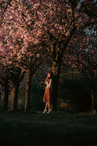 Low angle view of woman standing on cherry tree