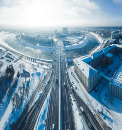 High angle view of cityscape during winter