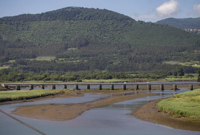 Scenic view of river by mountains against sky