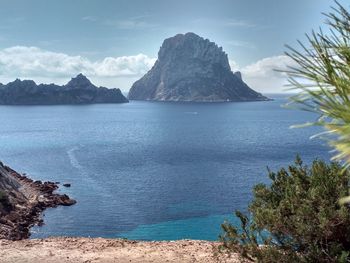 Scenic view of sea and mountains against sky