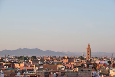 High angle view of townscape against clear sky