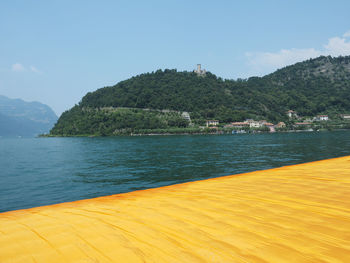 Scenic view of sea and mountains against sky