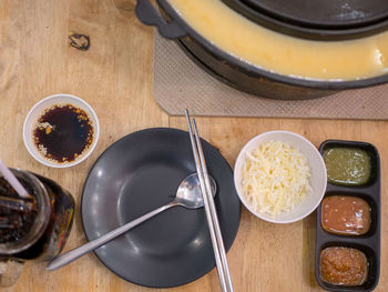 High angle view of breakfast on table