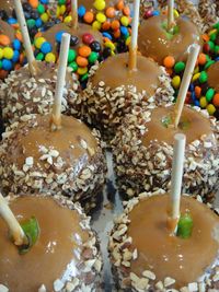 High angle view of candies in bowl