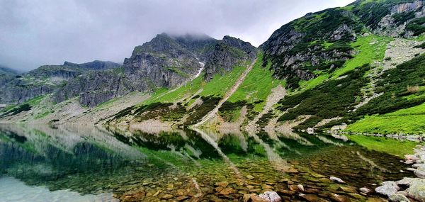 Scenic view of lake and mountains against sky