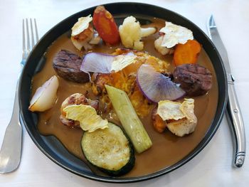 High angle view of food in plate on table