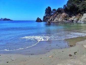 Scenic view of sea against clear blue sky