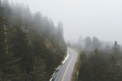 High angle view of mountain road amidst trees during foggy weather