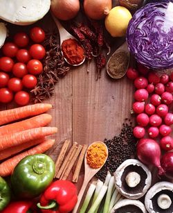 High angle view of spices and vegetables on table