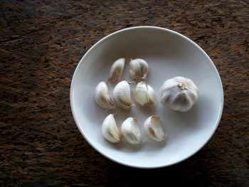 High angle view of eggs in bowl on table