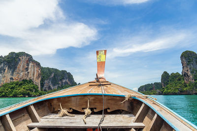 Ship nose front view long tail boat at sea in railay, krabi, andaman sea, thailand.