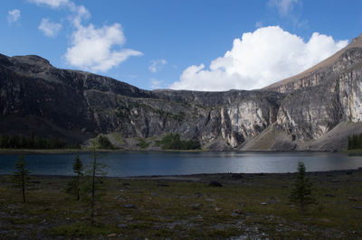 Scenic view of calm lake against mountain range