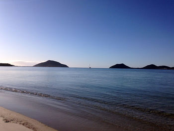 Scenic view of sea against clear blue sky