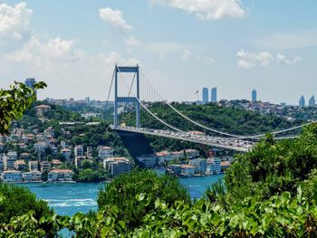 View of bridge over river in city against sky