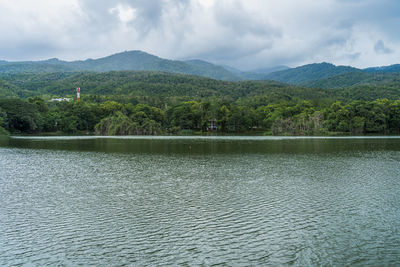 Scenic view of lake by mountains against sky