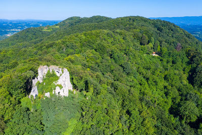 Aerial view of the ruins of cesargrad castle, rural croatia