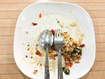 High angle view of breakfast served on table