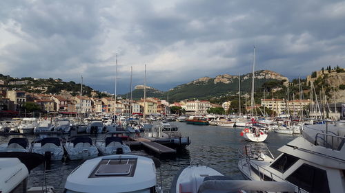 Boats moored in harbor