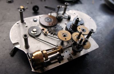 High angle view of machinery on table