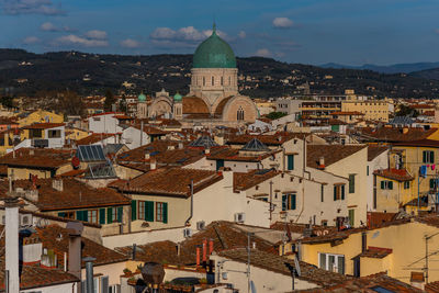 High angle view of townscape against sky in city