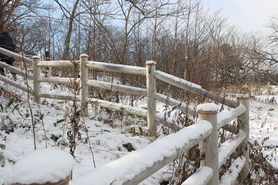 Snow covered field seen through railing