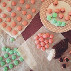 High angle view of macaroons on table