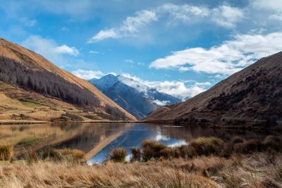 Scenic view of lake by mountains against sky