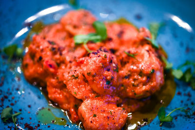 High angle view of seafood in plate on table