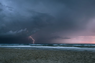 Scenic view of sea against storm clouds