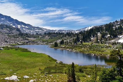 Scenic view of lake by trees against sky