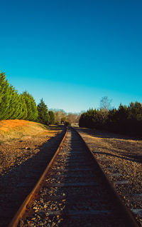 Surface level of railroad tracks against clear blue sky