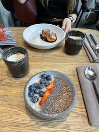 High angle view of breakfast served on table