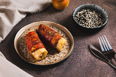 High angle view of food in plate on table