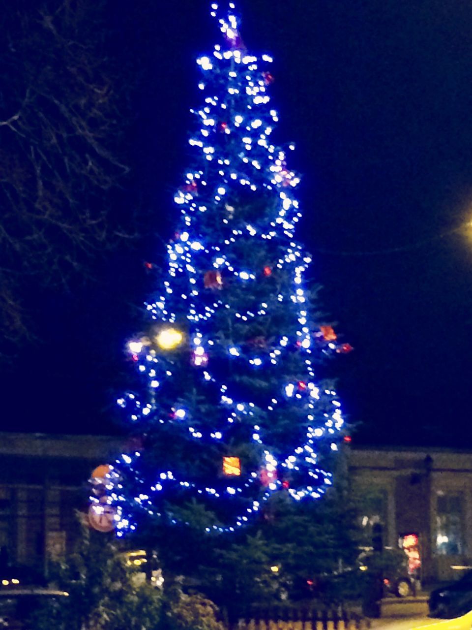 illuminated, night, celebration, christmas decoration, firework display, christmas tree, christmas, christmas lights, decoration, building exterior, firework - man made object, glowing, celebration event, lighting equipment, exploding, low angle view, motion, architecture, sky, built structure