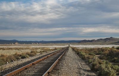 Railroad tracks on landscape against sky