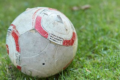 Close-up of soccer ball on field