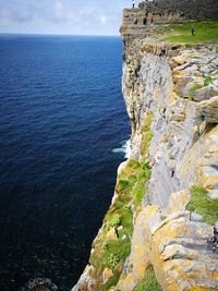 Rock formations by sea against sky