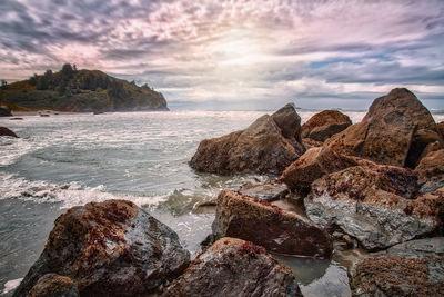 Rocks on shore against sky during sunset